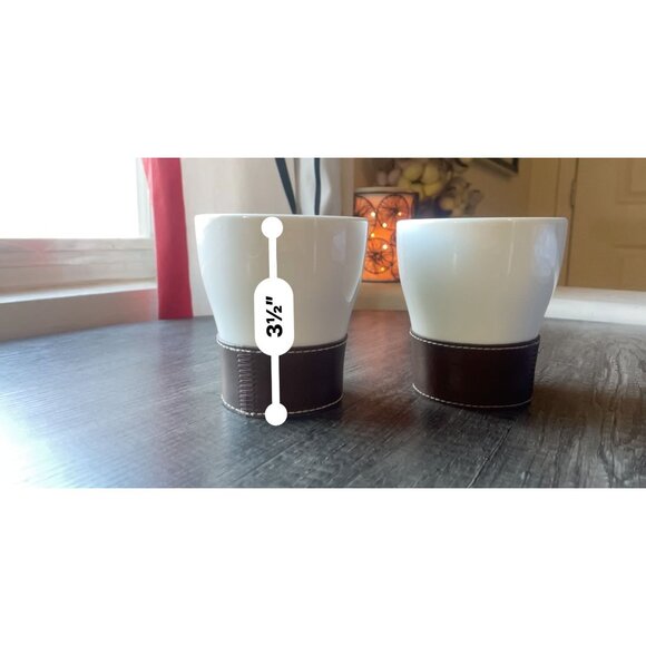 Pair White Ceramic Mugs Cups Brown Faux Leather Stitched Sleeves contemporary - Picture 6 of 7